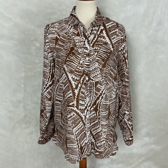 J. McLaughlin Britt Linen Brown Tropical Leaf Print Button Up Shirt NWOT M - Picture 1 of 7